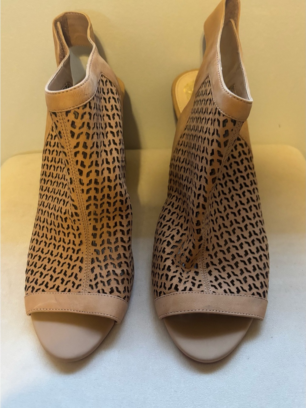 Vince Camuto Tan Perforated Open-Toe Ankle Booties